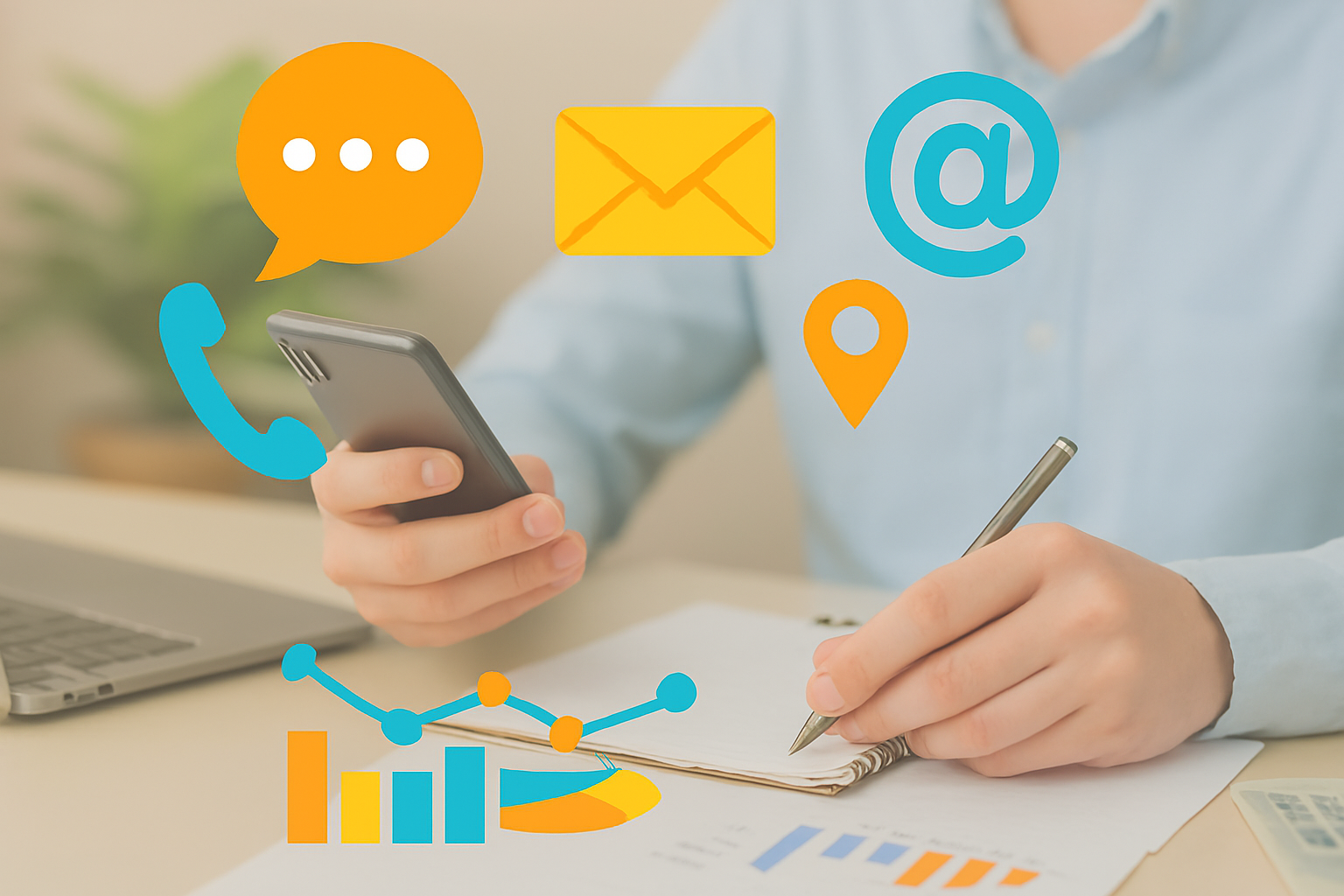 Contact visuals including email icons, chat bubbles, calendar tools, and support graphics by Support Logix